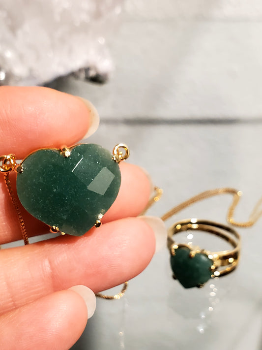 Green Aventurine Heart Necklace & Ring Set